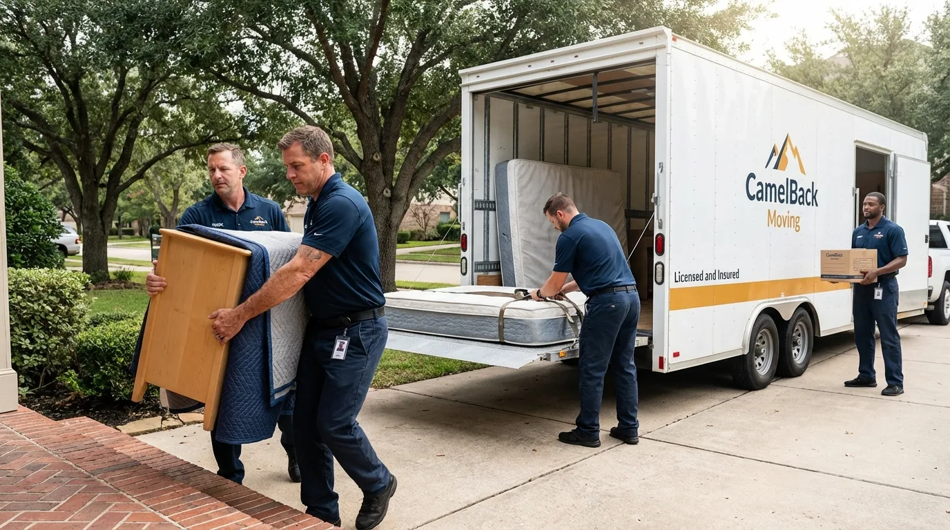 Crew loading residential truck for cross-state move from River Grove, IL
