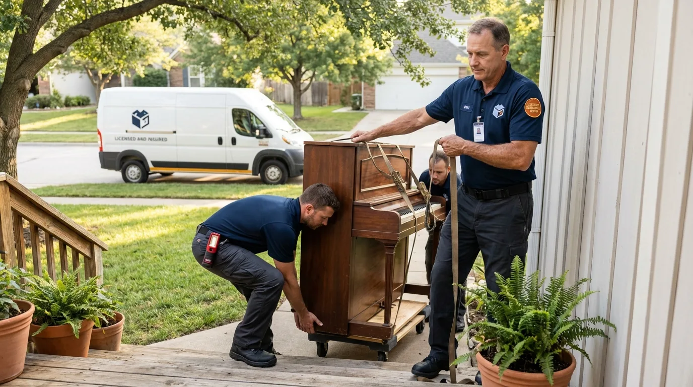 Licensed piano movers securing grand piano in River Grove, IL