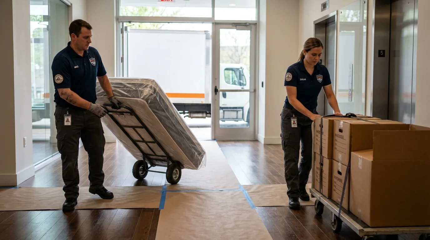 Professional apartment movers loading elevator in River Grove, IL